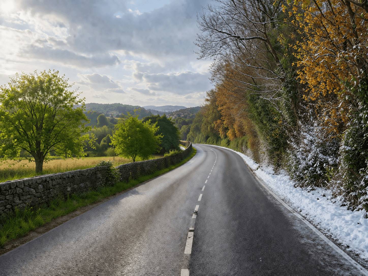 The same road in changeable autumn weather